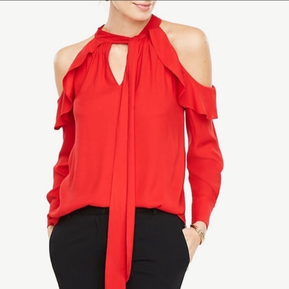Ann Taylor Red Cold Shoulder Bow Neck Top long Sleeve Blouse Size Small